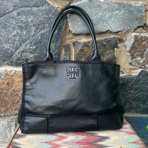 Tory Burch Ella Canvas Black Leather Tote Large Laptop Work Bag
